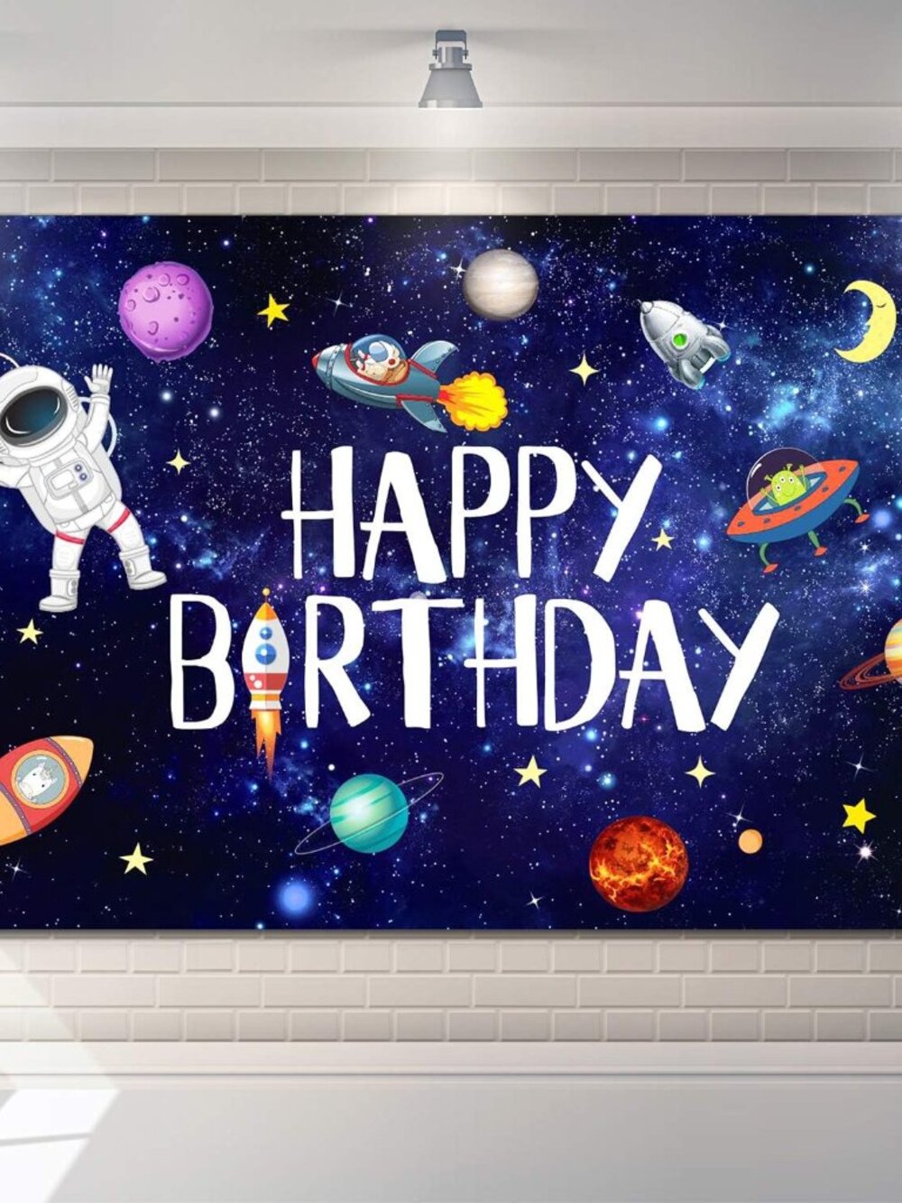 Space Happy Birthday Backdrop Astronaut Party Decor, 6.1 x 3.6 Feet